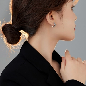 Close-up of a silver dragon stud earring with vintage punk design worn by a model