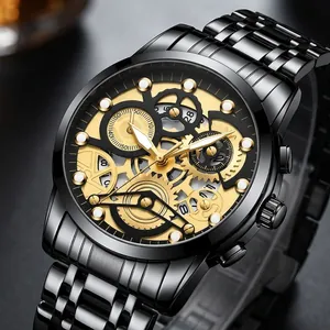 Detailed macro view of black and gold skeleton mechanical watch with gear mechanism