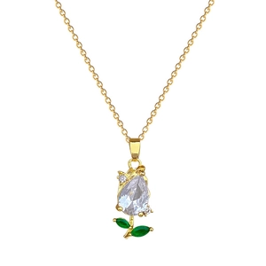 Elegant gold tulip pendant necklace with clear zircon and green gemstone leaves