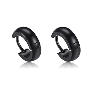 Pair of minimalist black stainless steel hoop earrings for men and women on white background