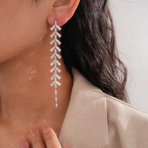Detail of silver-tone tassel earrings featuring long V-shape tiered cubic zirconia drops