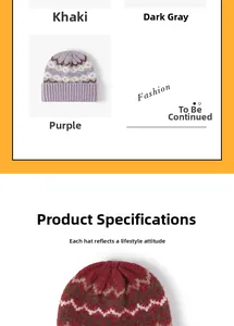 Detail showing various colors of striped jacquard knitted beanies in khaki, grey, and purple