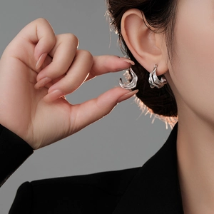 Minimalist silver irregular crinkle earrings with liquid metal texture for women