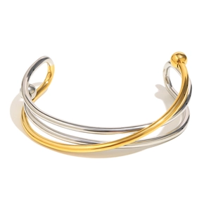 Bracelet jonc ouvert entrelacé minimaliste en finition or et argent avec boules