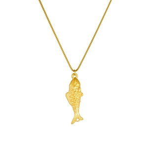 Golden stainless steel fish pendant necklace with detailed scales on a fine chain