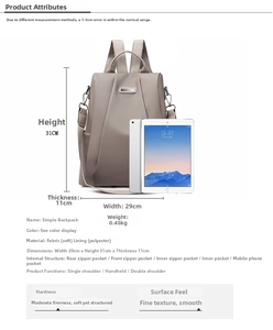 Detailed size chart and specifications for the women's Oxford cloth backpack
