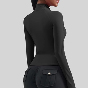 Veste de yoga noire ajustée pour femme avec col montant et haute élasticité sport