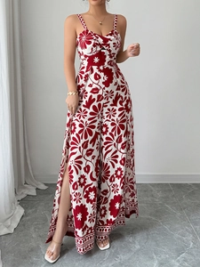 Floral print wide-leg jumpsuit with twist front detail and side leg slit for summer