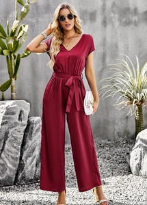 Elegant burgundy short sleeve v-neck jumpsuit with waist tie and wide-leg trousers