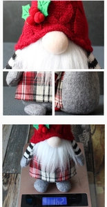 Detail shots of gnome plush showing red knit hat fabric and plaid shirt texture