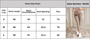 Detailed size chart for maternity yoga leggings showing waist and length measurements