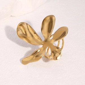Golden flower stainless steel open ring with a polished organic petal design for women