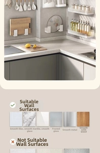 Kitchen wall rack showing drill-free installation on tiles, marble, and glass surfaces