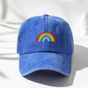 Washed blue cotton baseball cap with rainbow embroidery and breathable sun protection