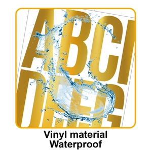 Waterproof gold vinyl alphabet stickers showing liquid splashes on the metallic surface