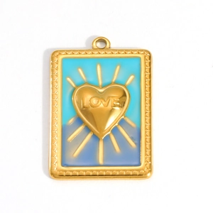 Detail of 18k gold plated rectangular pendant with blue enamel and LOVE heart charm