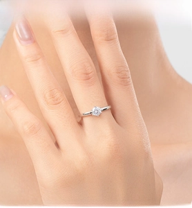 Detailed view of a classic six-prong silver ring with a sparkling zircon on a finger