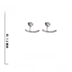 Detailed view of curved rhinestone stud earrings with 925 silver needle size measurements