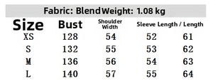 Detailed size guide table for fashion casual jacket featuring leather-effect patchwork design