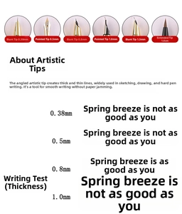 Detail showing various fountain pen nib sizes from 0.38mm to 1.3mm for calligraphy