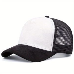 Detail of five-panel trucker hat with black suede brim and white mesh back breathable panels