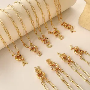Minimalist gold plated paperclip chain necklace with zircon paved letter pendants
