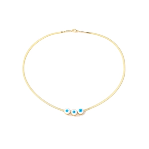 Collier chaîne serpent dorée avec trois perles œil grec bleues et fermoir homard