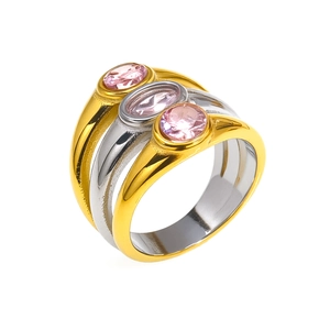 Three-piece mixed gold and silver stackable rings with pink crystals in 18K gold plating