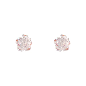Elegant S925 sterling silver white rose stud earrings with a pearlescent shell luster finish