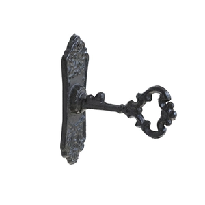 Patère murale vintage en fonte en forme de clé avec reliefs ornés et finition noire antique