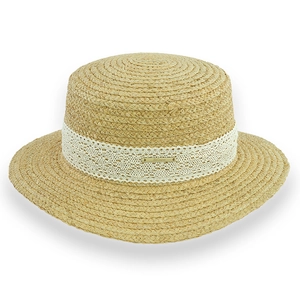 Classic boater hat with fine straw weave featuring white lace trim and gold logo