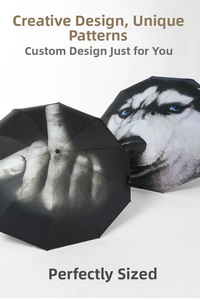 Detail of creative umbrellas featuring middle finger gesture and husky print on black canopy
