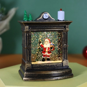 Vintage bronze fireplace Christmas crystal lantern with Santa, snow, and warm LED light