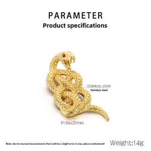 Detailed 18k gold plated stainless steel snake pendant with red gem eyes and scales