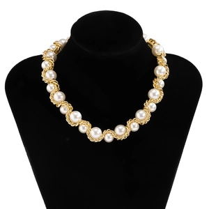 Vintage style braided metal chain and large white pearl necklace for women