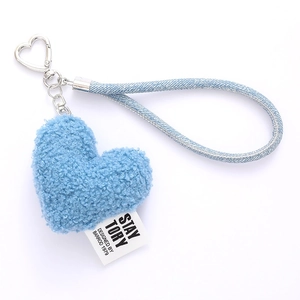 Light blue plush heart keychain with matching woven strap and silver hardware