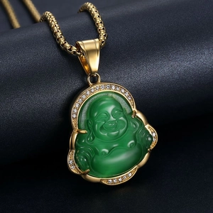 Gold plated stainless steel Laughing Buddha necklace with green opal stone and zircon setting