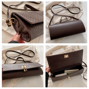 Detail of dark brown woven PU leather shoulder bag with gold clasp and interior view