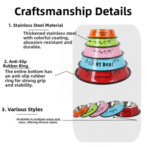 Detailed view of colorful stainless steel pet bowls with anti-slip rubber bases