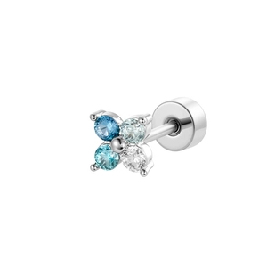 Silver flower stud earrings with blue and clear zircon crystals on white background