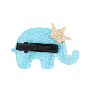 Blue elephant hair clip with gold crown and black metal alligator clip for children