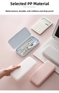 Detail of matte PP plastic pencil cases in pastel colors with organized compartments