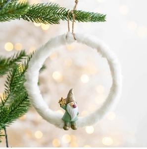 Close-up of white plush ring ornament with green gnome figurine and hemp rope loop