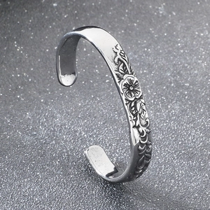 Carved Floral Open Cuff Bangle Stainless Steel Vintage Retro Ethnic Style Adjustable Embossed Vine Pattern For Men Women
