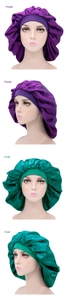 Detailed views of extra large purple and cyan satin bonnets with elastic wide bands