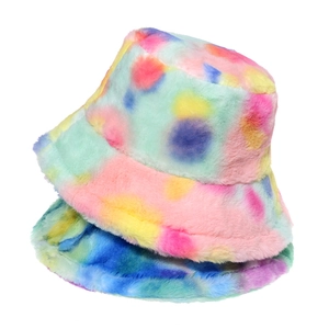 Tie Dye Bucket Hat Faux Rabbit Fur Plush Warm Winter Windproof Street Fashion Accessories For Women Trendy