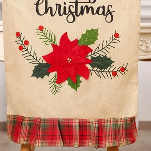 Christmas burlap chair cover with red poinsettia and plaid trim festive holiday decor