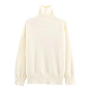Classic cream high neck sweater featuring soft knit texture and ribbed cuffs