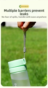 Detail of the leak-proof mint green frosted water bottle with grey carrying strap for outdoor