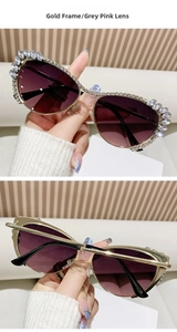 Macro detail of cat-eye sunglasses featuring gold frames and luxury crystal rhinestones